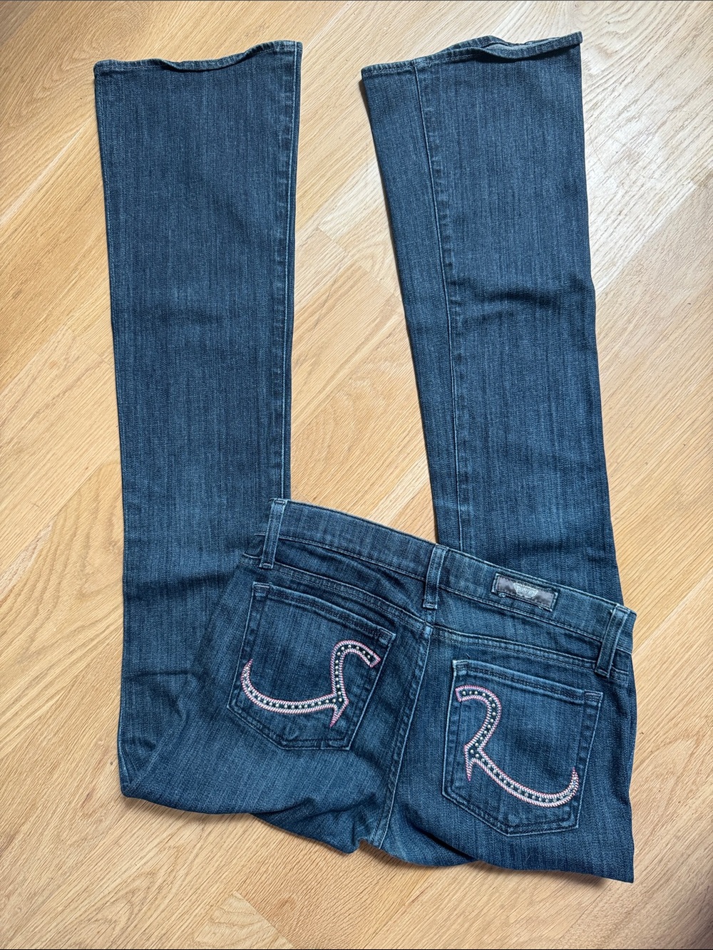 Rock & Republic Jeans Size 27 Dark Wash Bootcut Flare Pink Embroidered Pocket F5